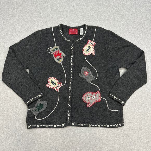 Holiday Lodge by Northcrest Sweater WMNS L Gray Mitten Embroidery Ugly Christmas - Picture 1 of 8